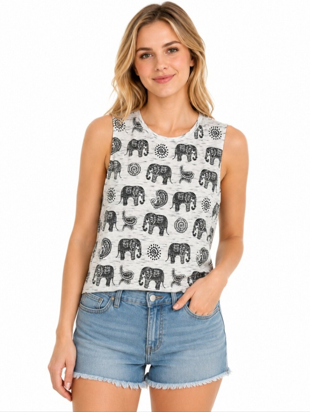 Callie Mac Elephant Print Sleeveless Tank Top Boho Medium